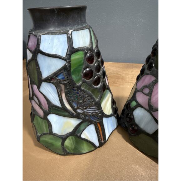 Set Of 3 Vintage Stained Glass Lamp Pendant Light Shade Blue Jay & Berries - Picture 4 of 16